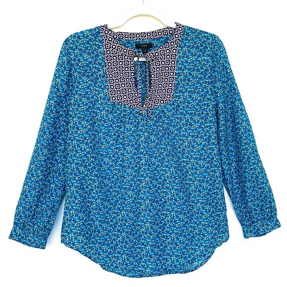 J. Crew Silk Blend Floral Blouse Peasant Flower-Patch Tie Neck Long Sleeve Blue - Picture 5 of 16